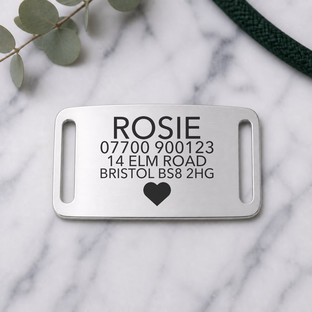 Brushed silver slide-on dog tag engraved with a name, styled on marble