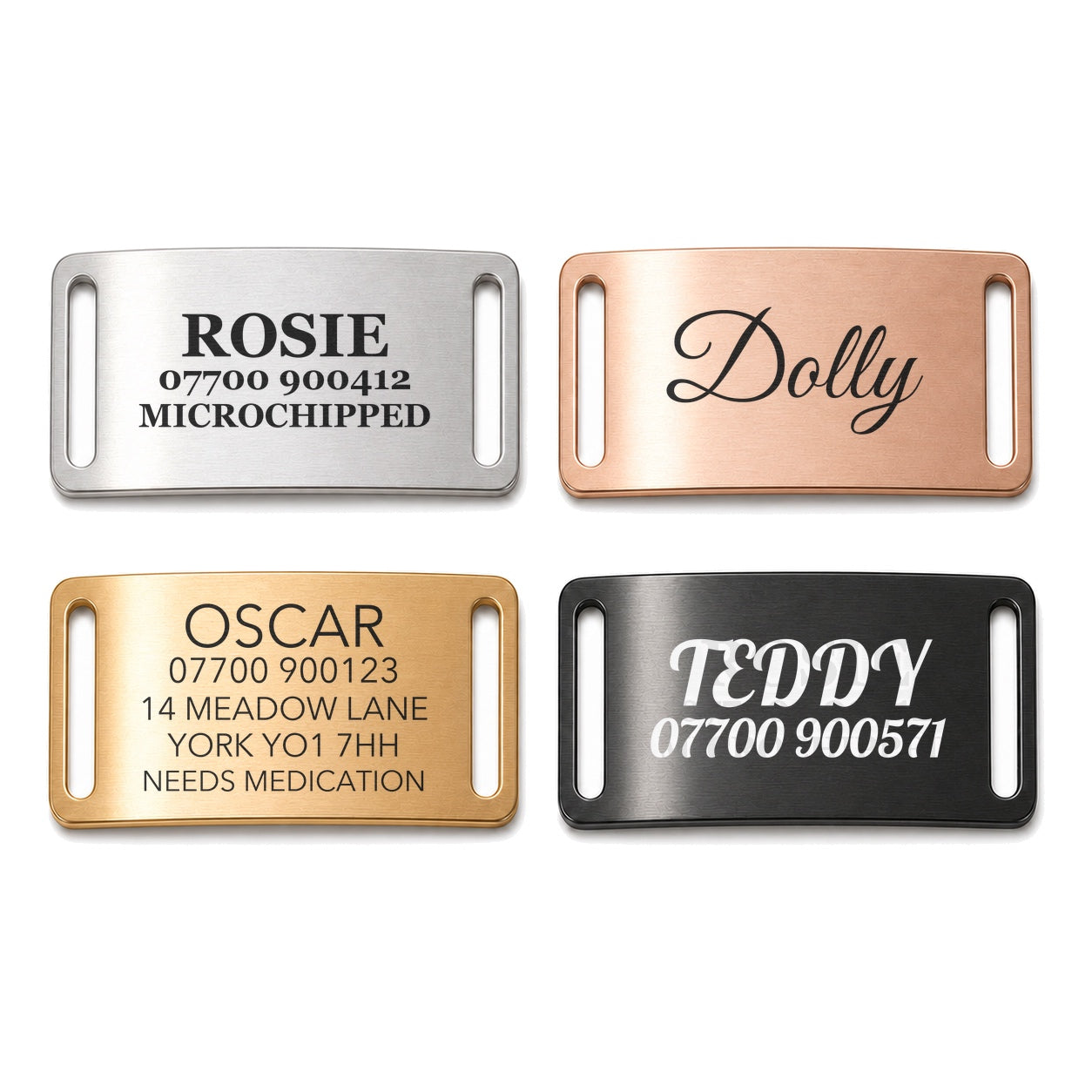 The slide-on dog tag range in brushed gold, silver, rose gold and black