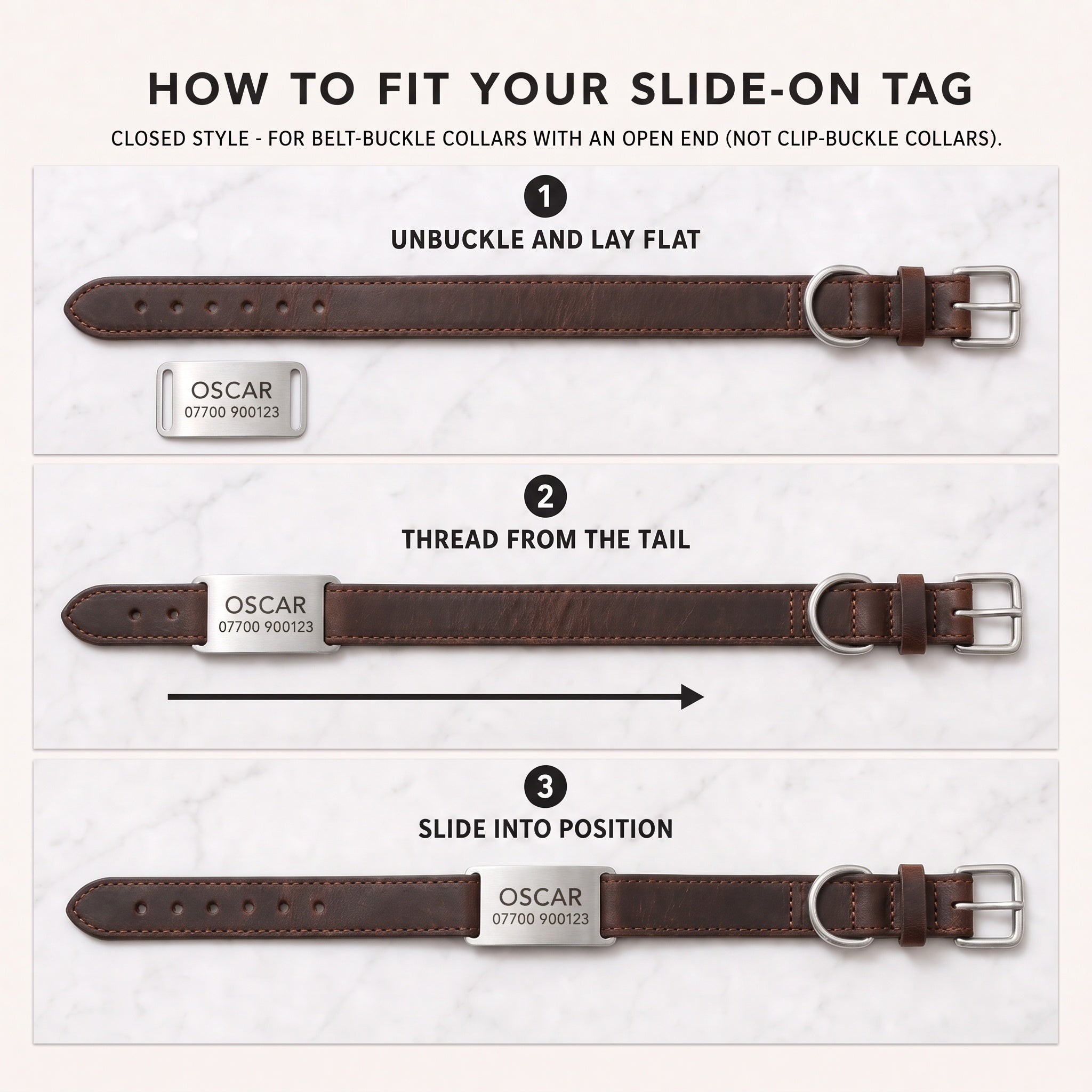 Three step guide to threading a slide-on dog tag onto a belt-buckle collar