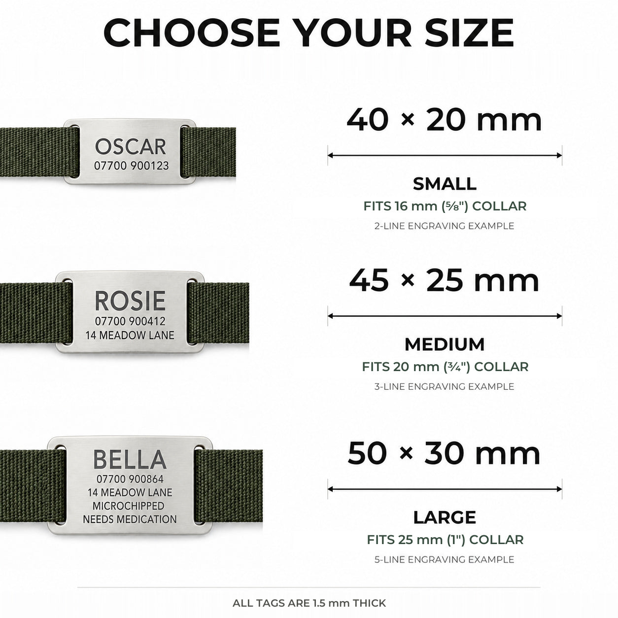 Size guide for the silver slide-on dog tag, 40x20mm, 45x25mm and 50x30mm