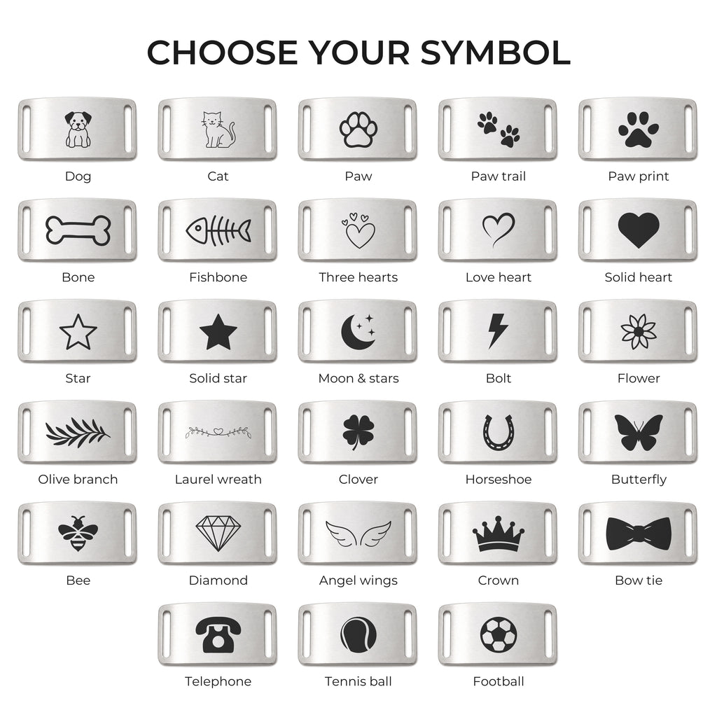 The 28 engraving symbols available on the silver slide-on dog tag