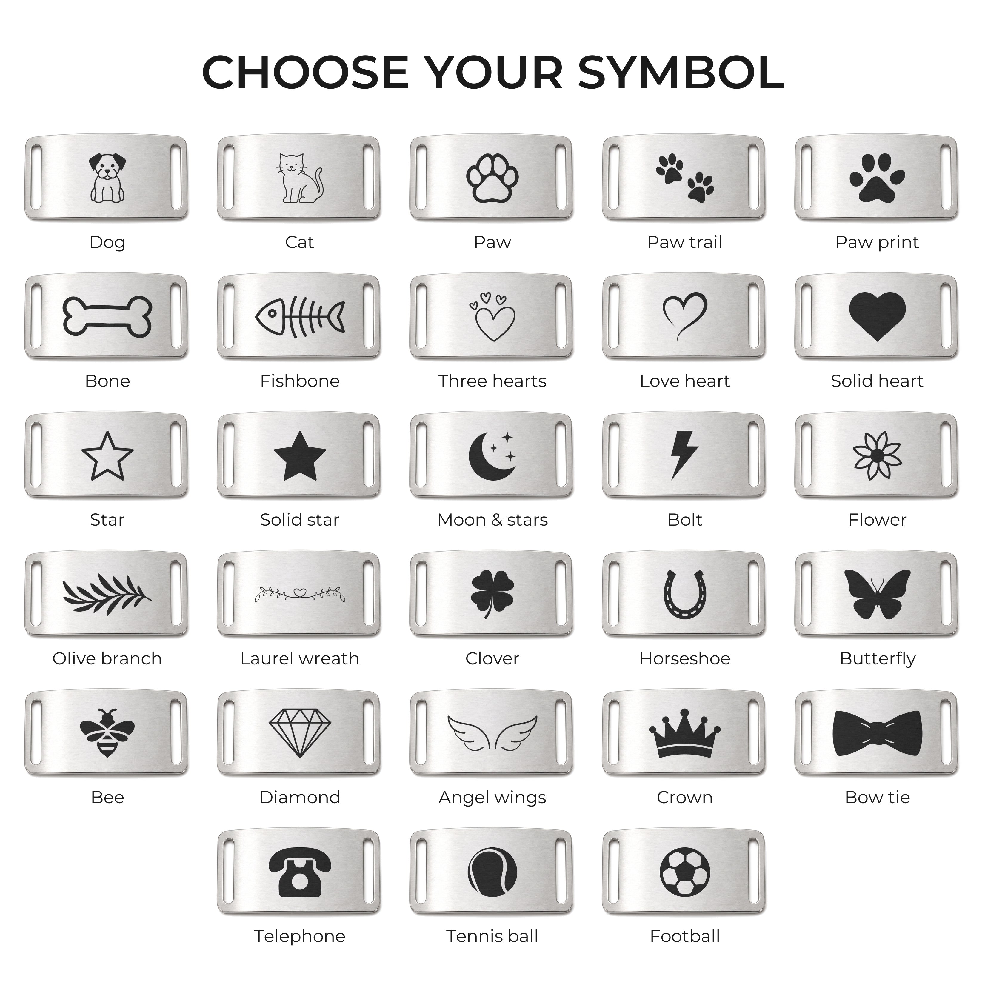 The 28 engraving symbols available on the silver slide-on dog tag