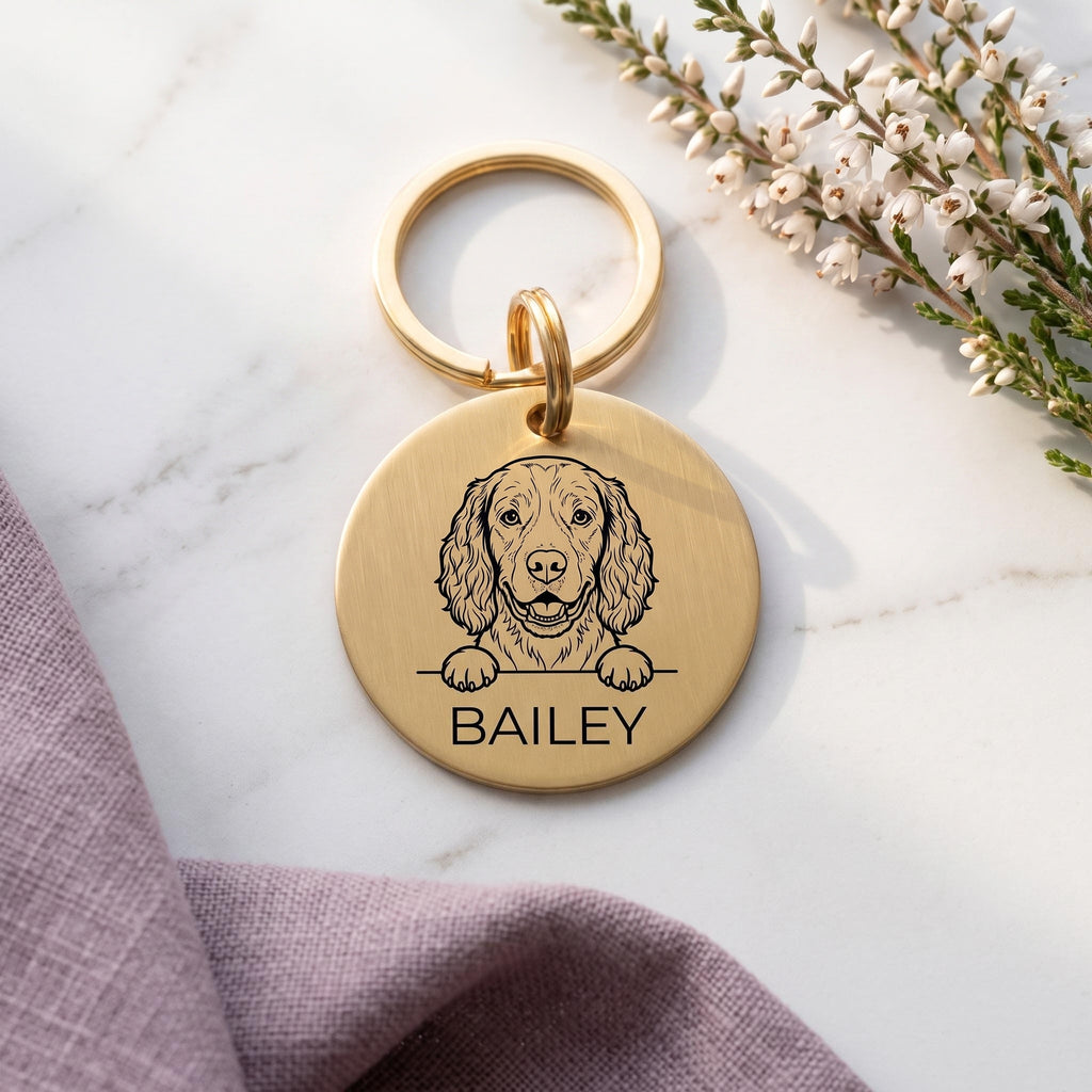 Gold Springer Spaniel dog tag engraved with the Springer Spaniel design and the name BAILEY