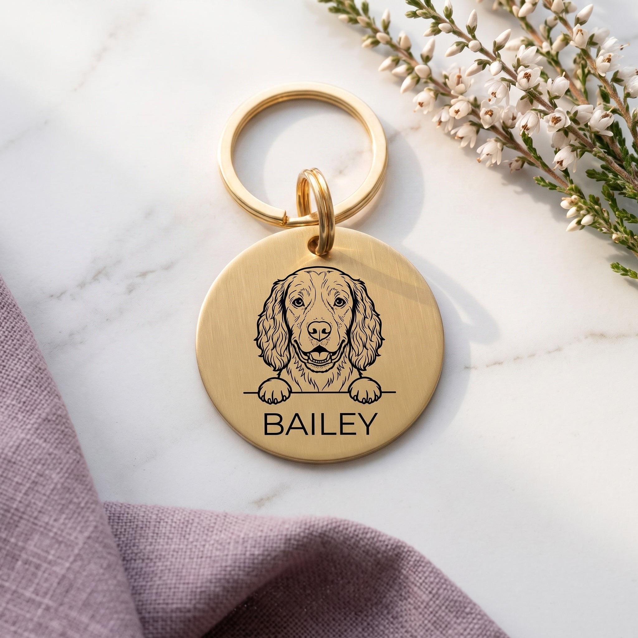 Gold Springer Spaniel dog tag engraved with the Springer Spaniel design and the name BAILEY