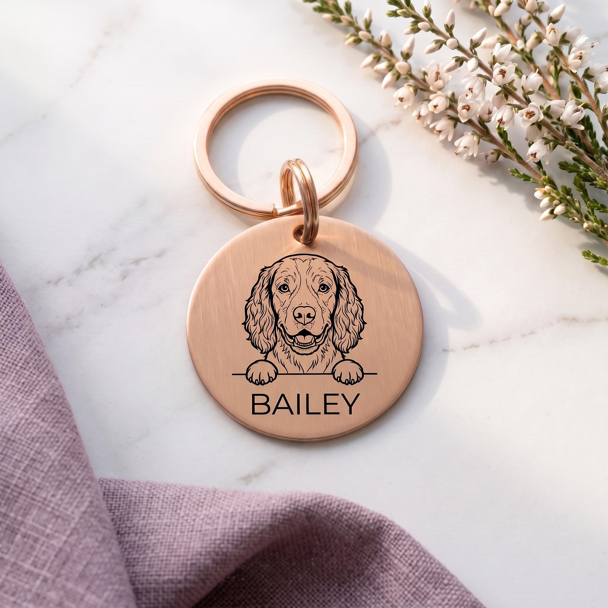 Rose gold personalised Springer Spaniel dog tag in brushed stainless steel