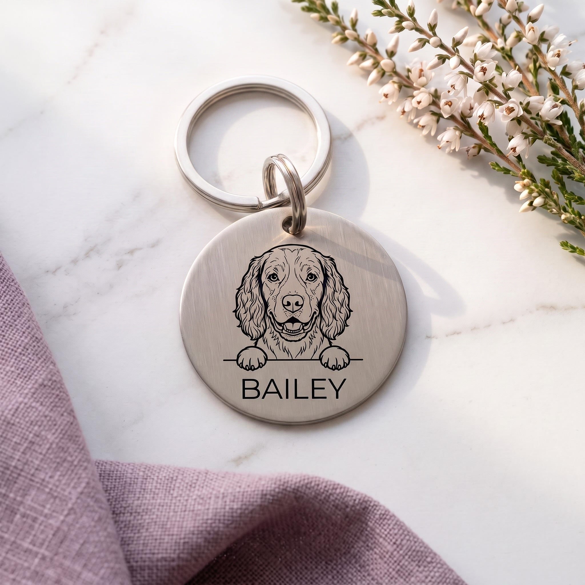 Silver personalised Springer Spaniel dog tag in brushed stainless steel