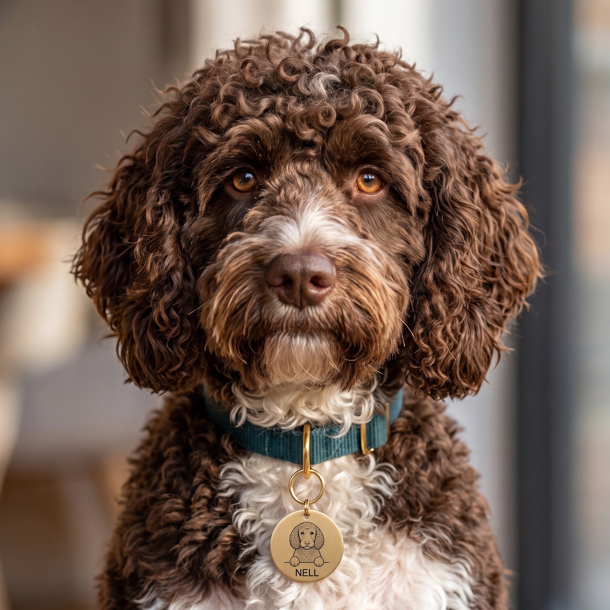 Sproodle wearing the personalised Sproodle dog tag on its collar