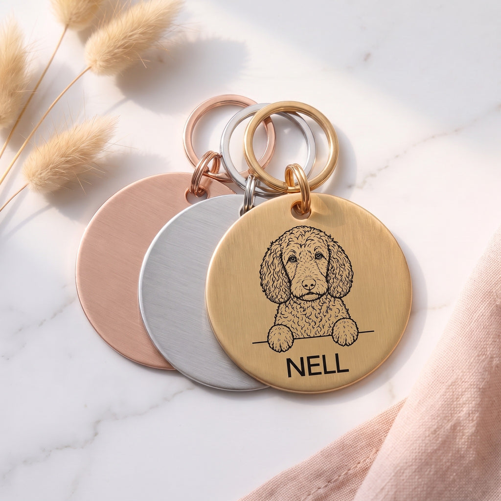 Personalised Sproodle dog tags in gold, silver and rose gold, fanned to show the three colours