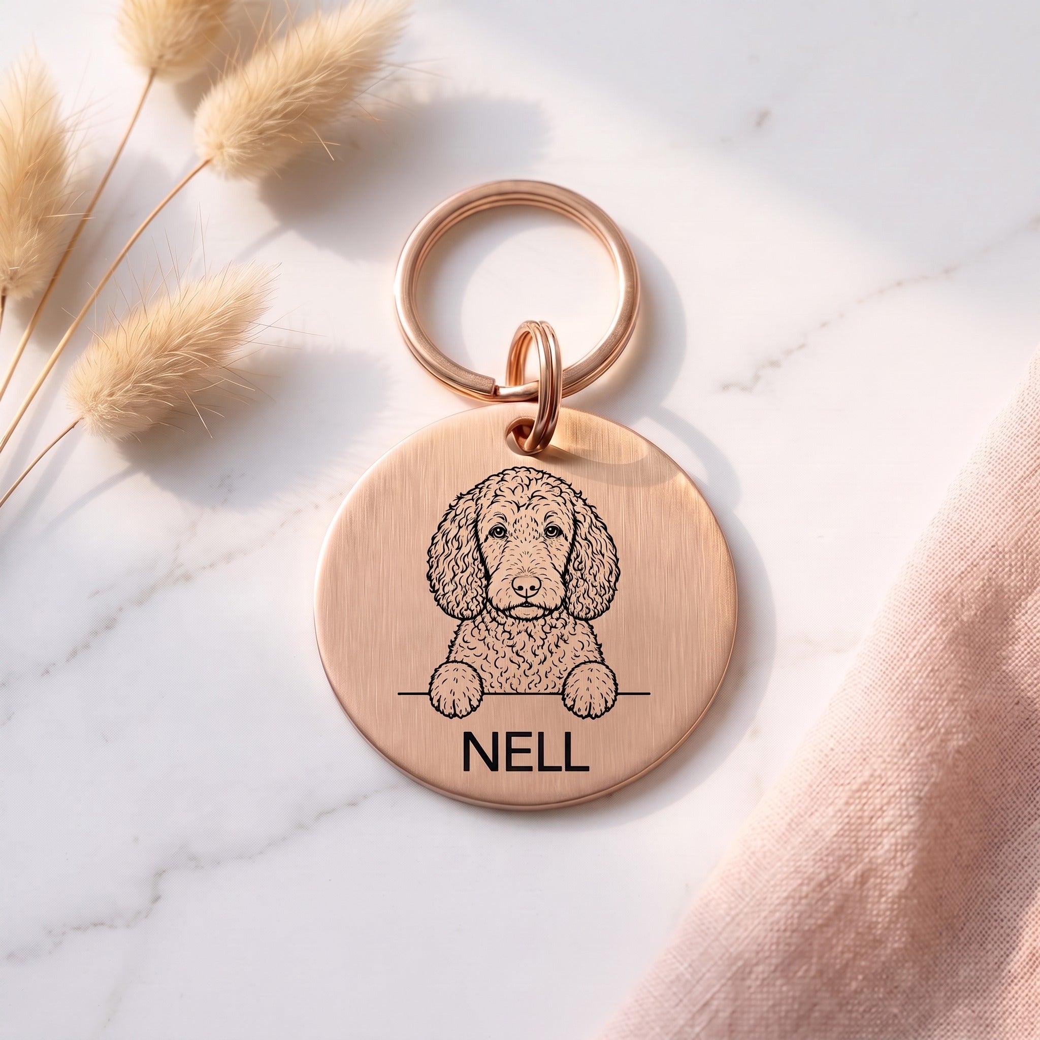 Rose gold personalised Sproodle dog tag in brushed stainless steel
