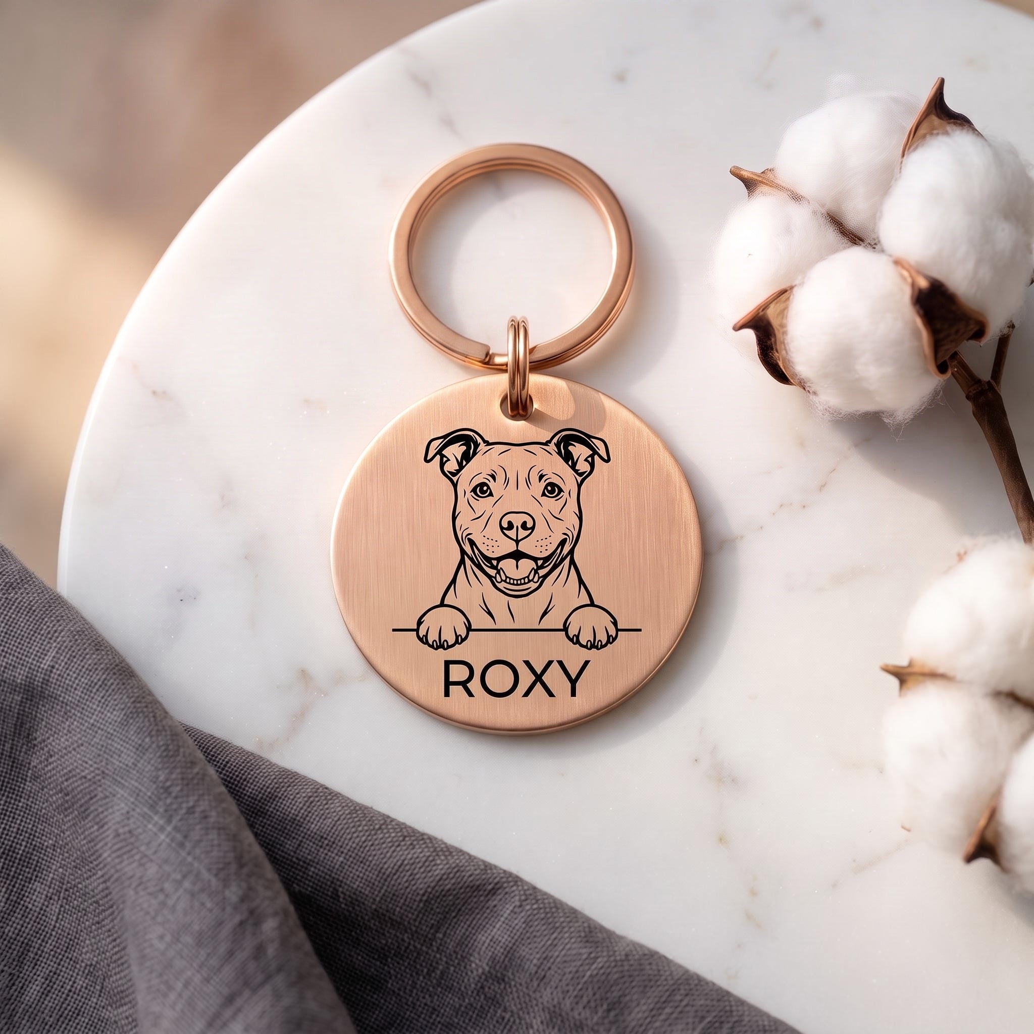 Rose gold personalised Staffy dog tag in brushed stainless steel