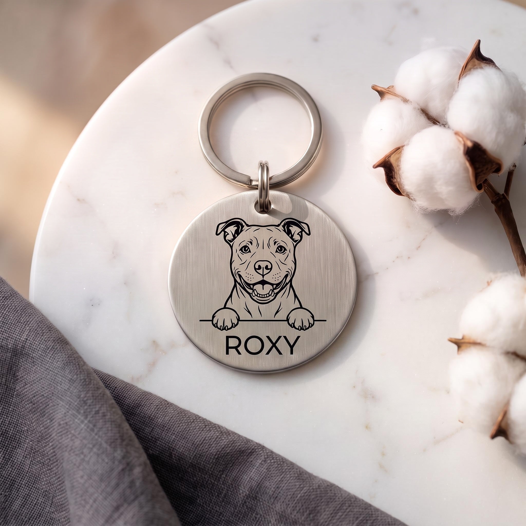 Silver personalised Staffy dog tag in brushed stainless steel