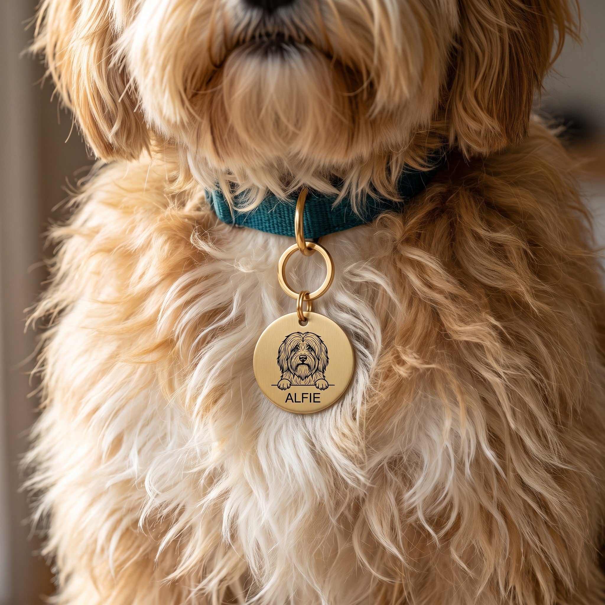 Tibetan Terrier wearing the personalised Tibetan Terrier dog tag on its collar