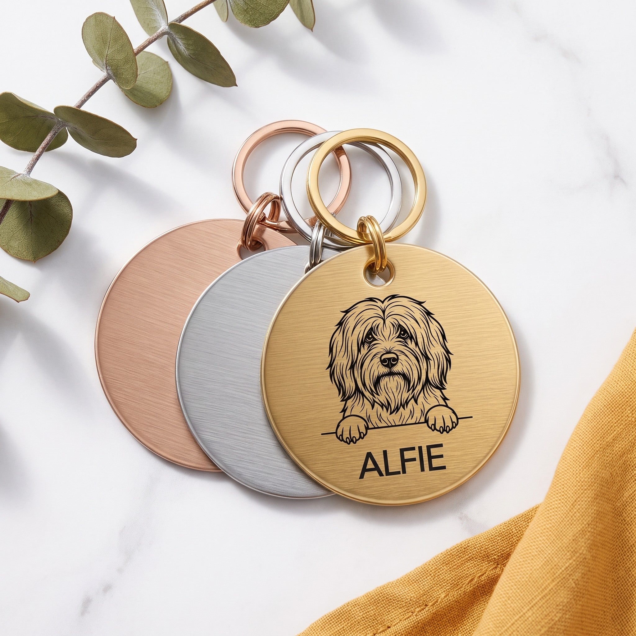 Personalised Tibetan Terrier dog tags in gold, silver and rose gold, fanned to show the three colours