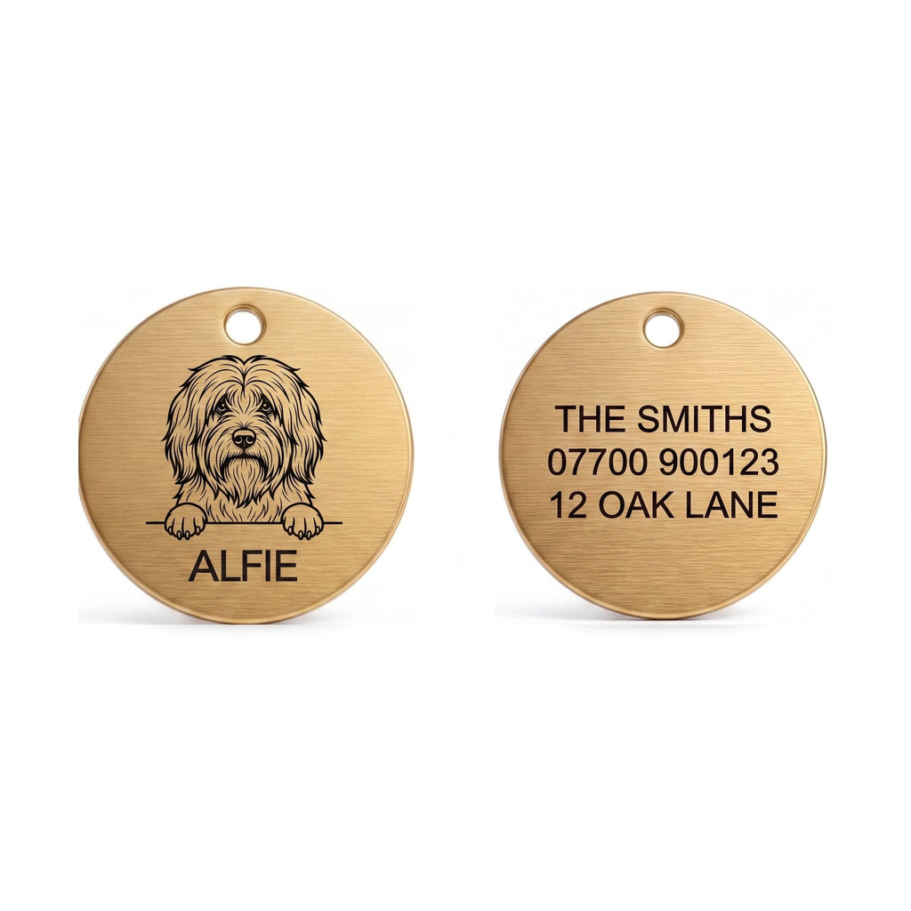 Front and back of the Tibetan Terrier dog tag: breed design and name on the front, contact details on the back