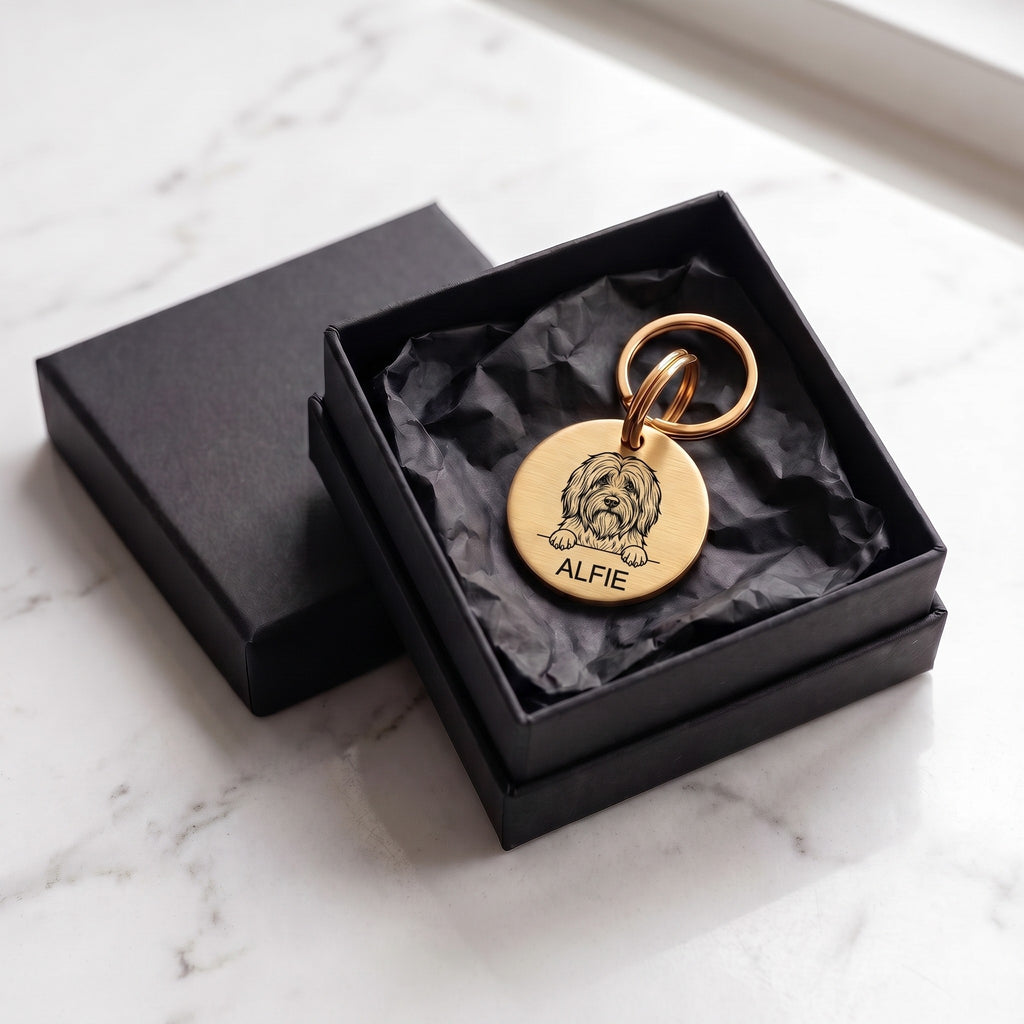 Personalised Tibetan Terrier dog tag presented in the optional gift box