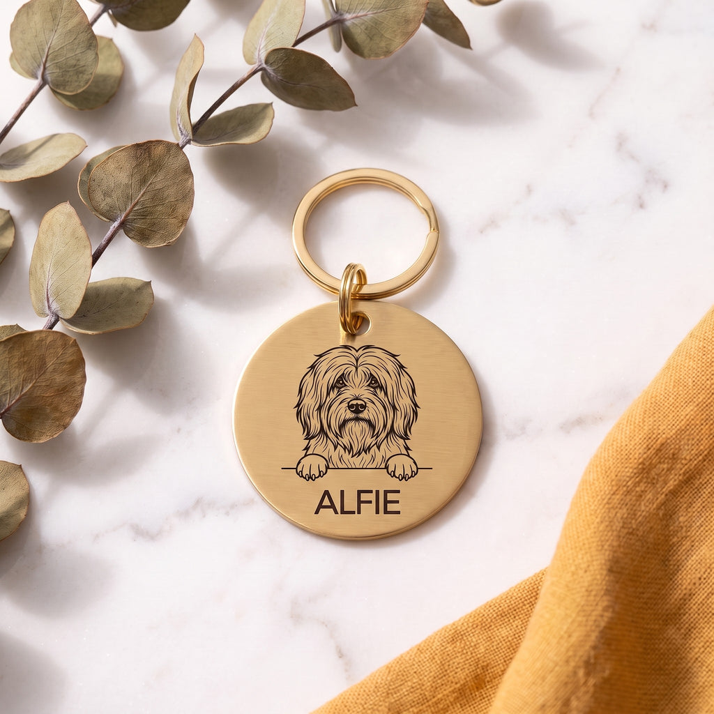 Gold Tibetan Terrier dog tag engraved with the Tibetan Terrier design and the name Alfie