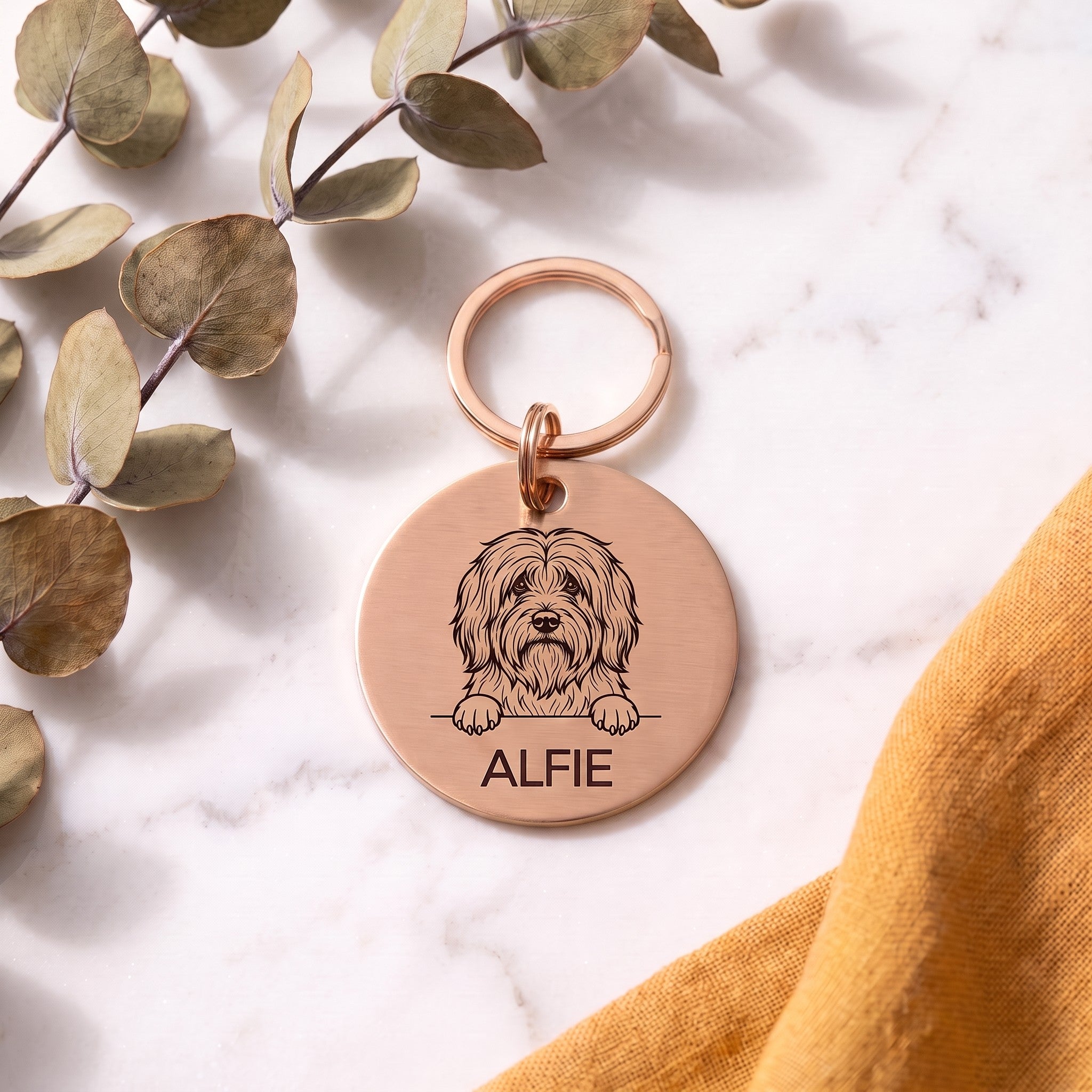 Rose gold personalised Tibetan Terrier dog tag in brushed stainless steel