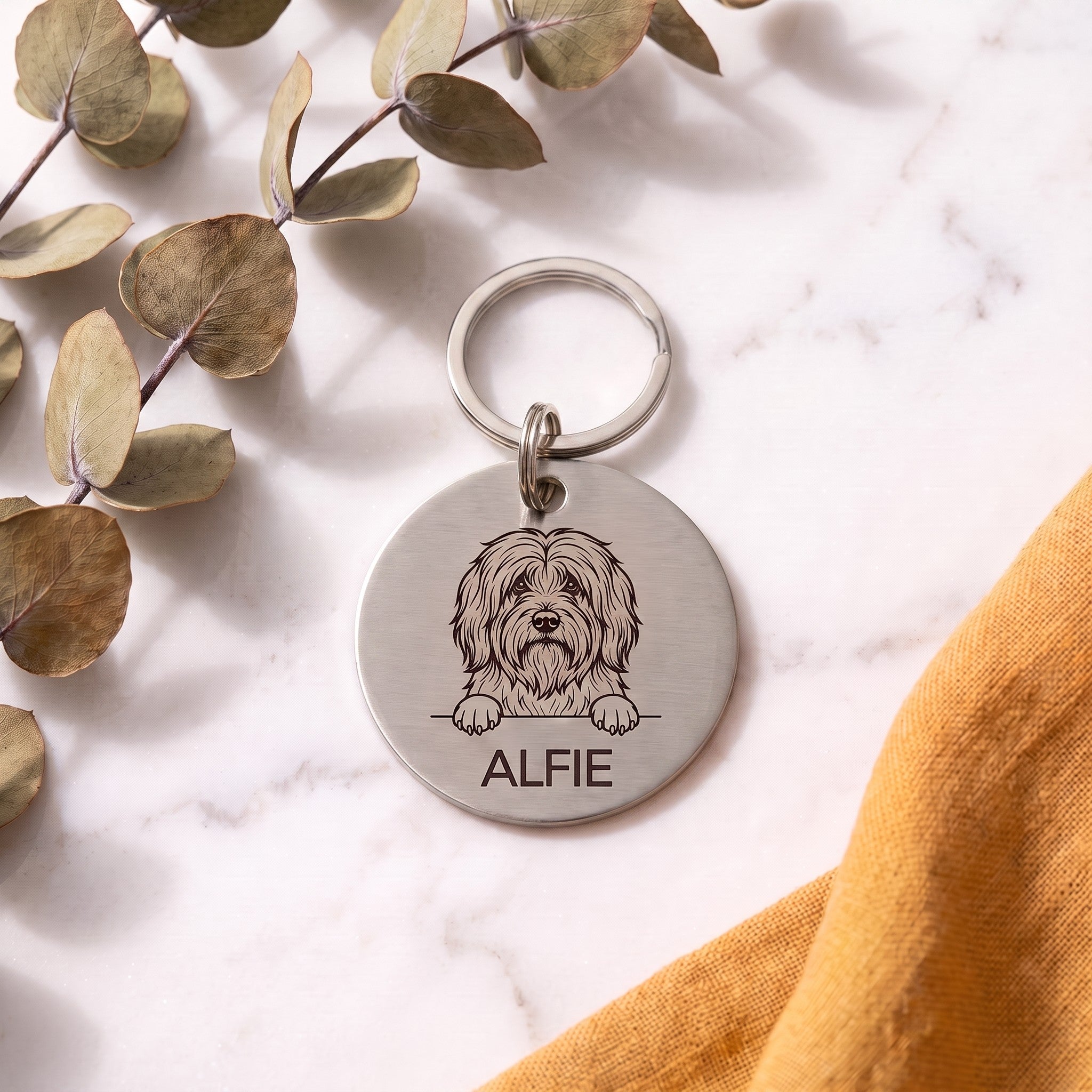 Silver personalised Tibetan Terrier dog tag in brushed stainless steel