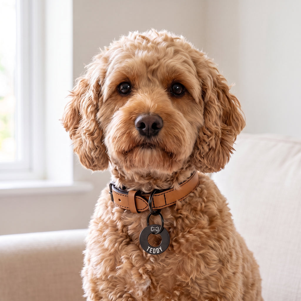 Black washer dog tag on a tan leather collar worn by a cockapoo