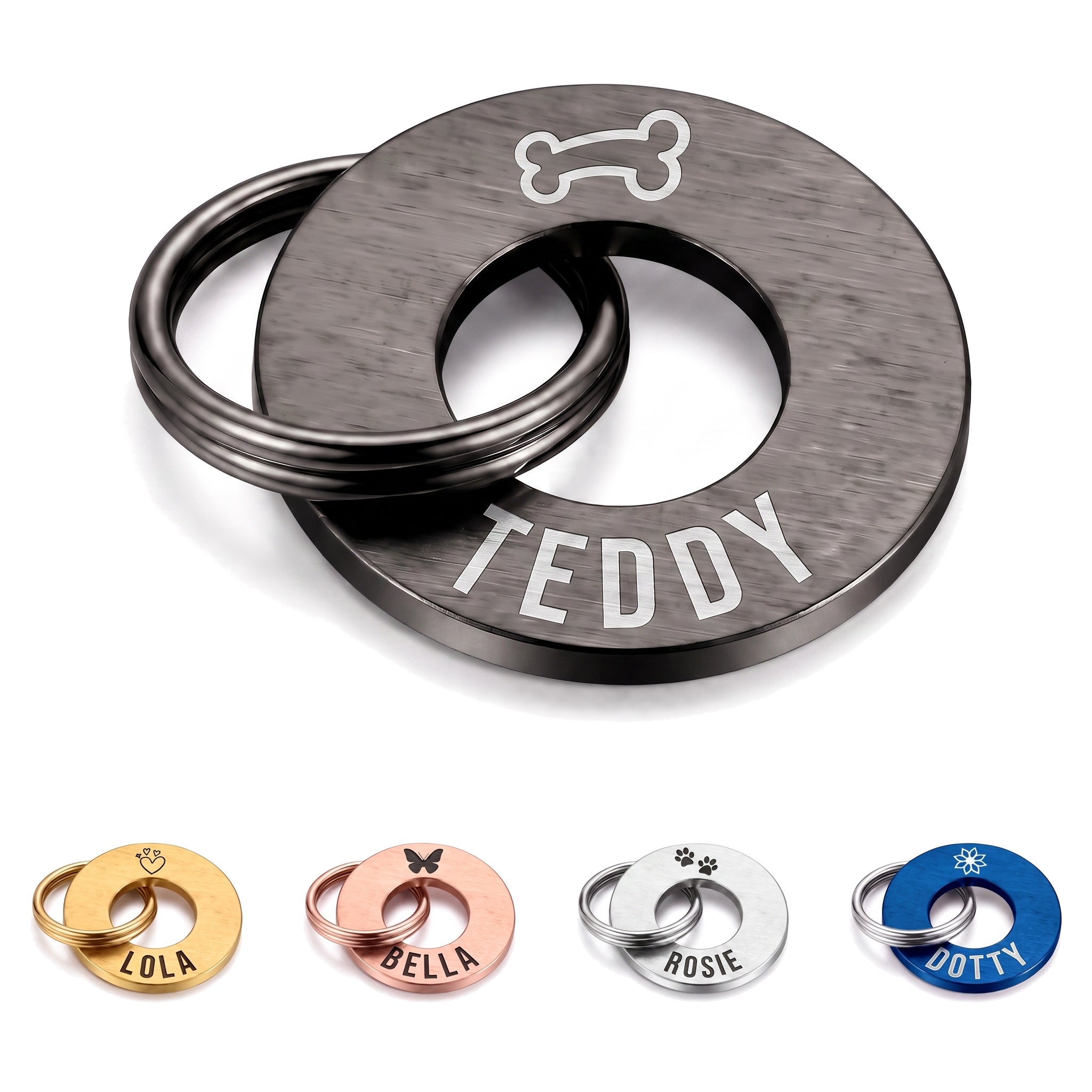 Personalised black washer dog tag engraved with a name and symbol, split ring fitted