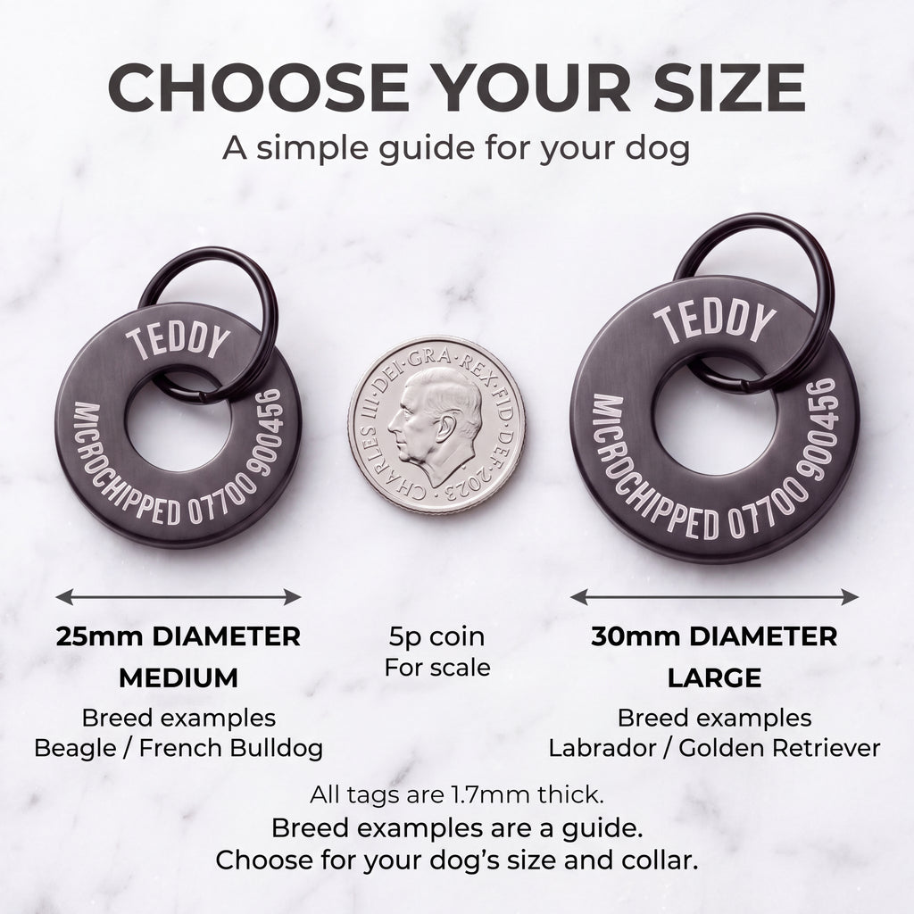 Size guide for the black washer dog tag - 25mm medium and 30mm large, 1.7mm thick