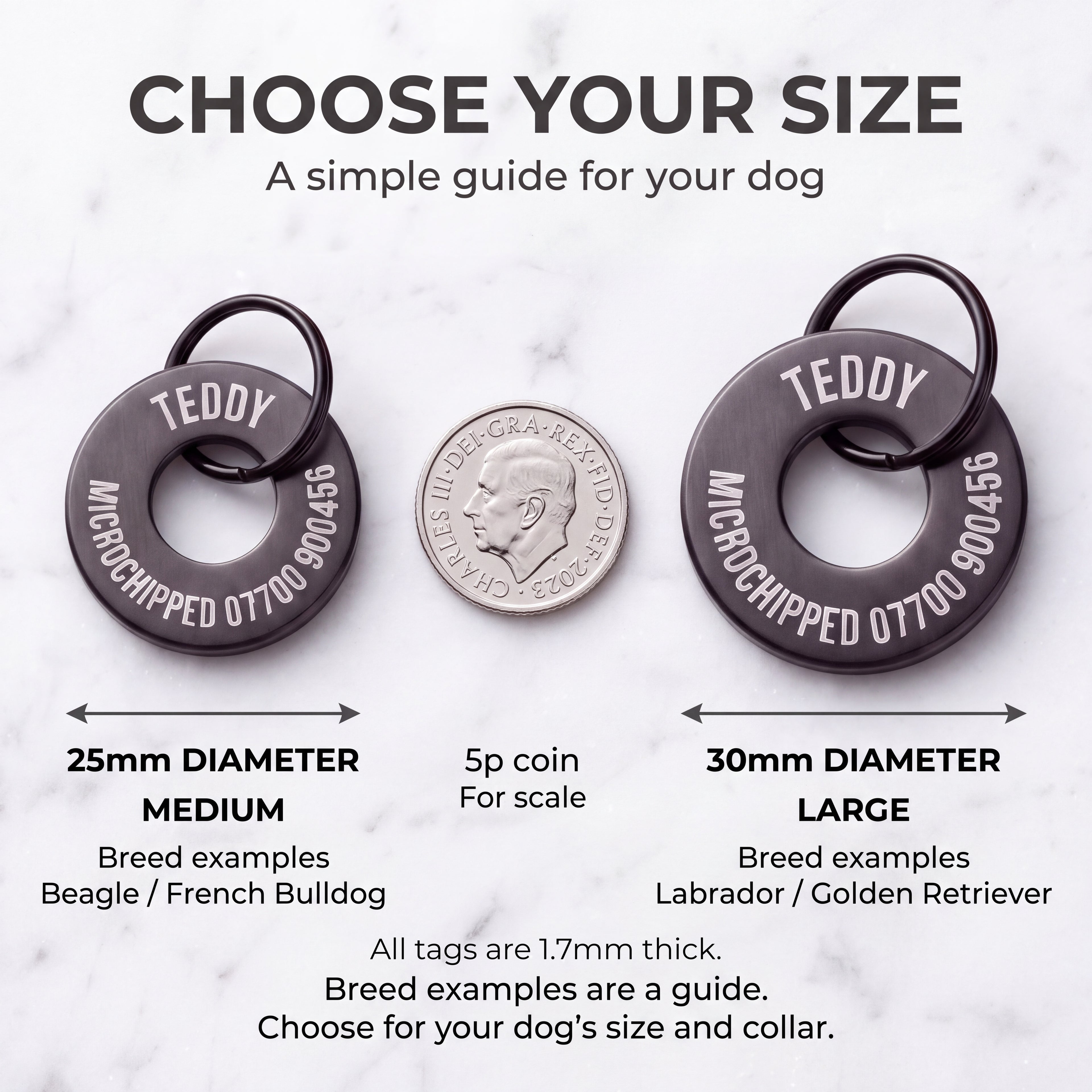 Size guide for the black washer dog tag - 25mm medium and 30mm large, 1.7mm thick