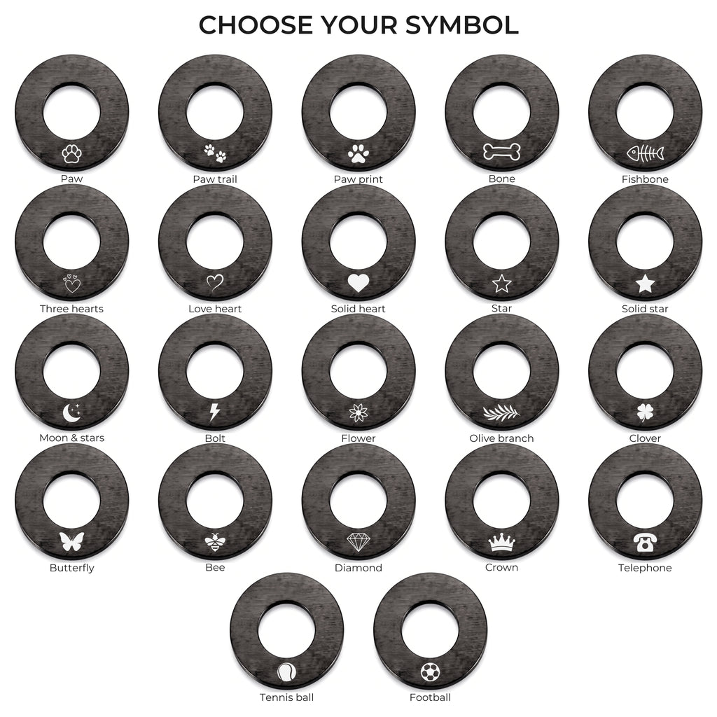 The 22 symbols available on the black washer dog tag