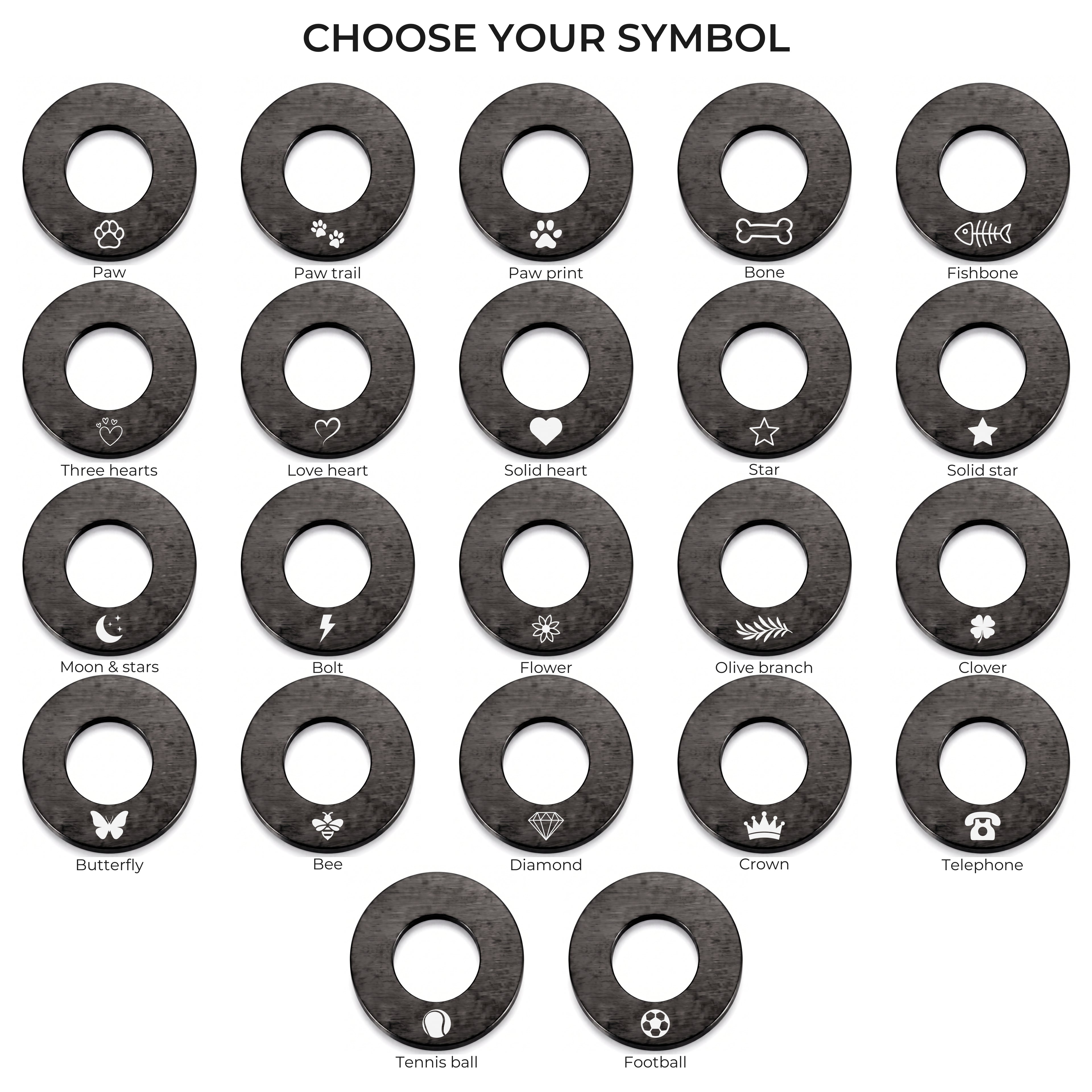 The 22 symbols available on the black washer dog tag