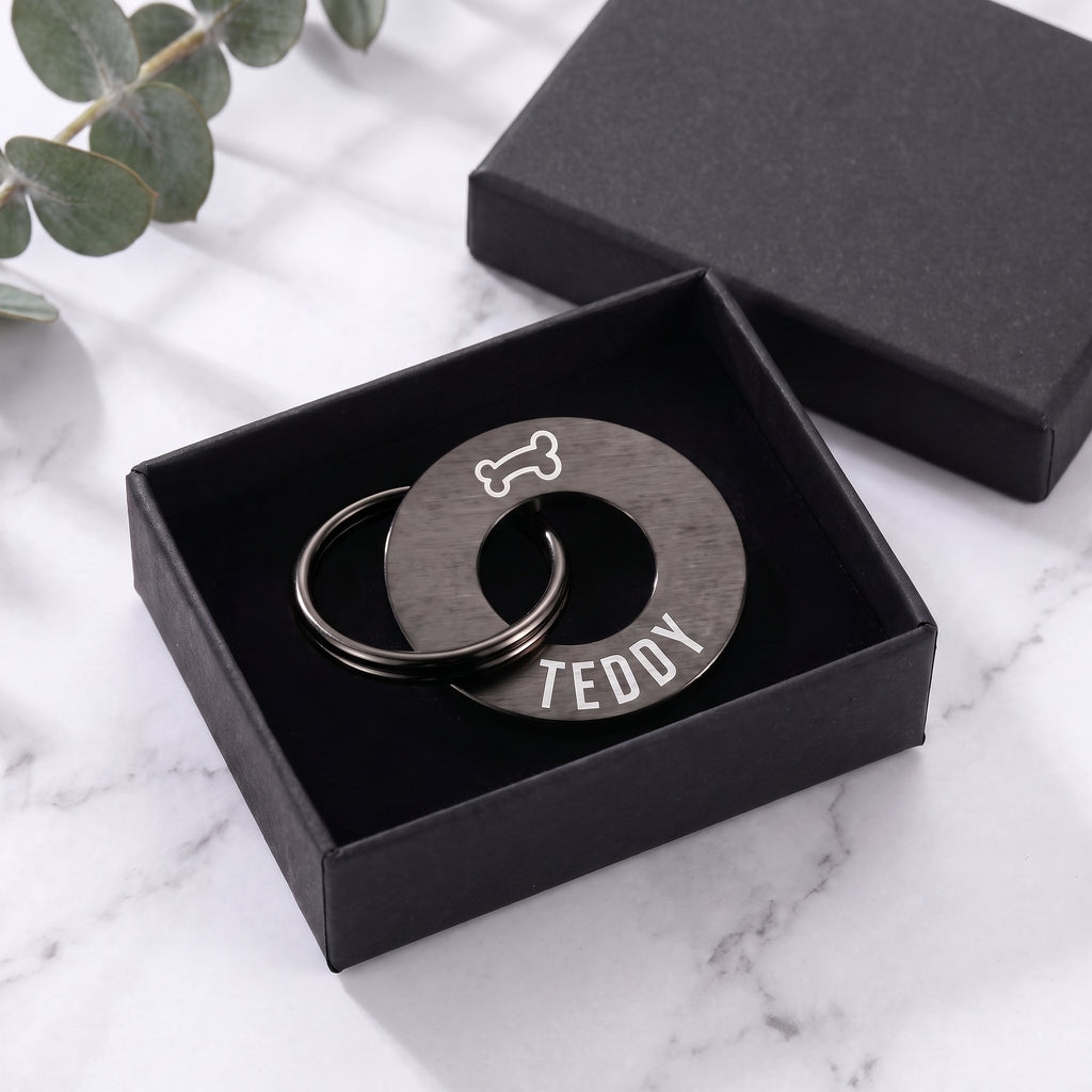 Black washer dog tag in its matte black gift box