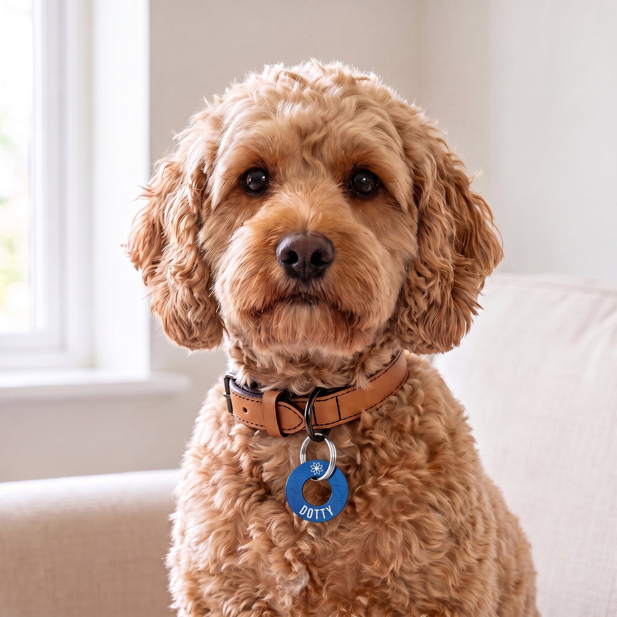 Blue washer dog tag on a leather collar worn by a cockapoo