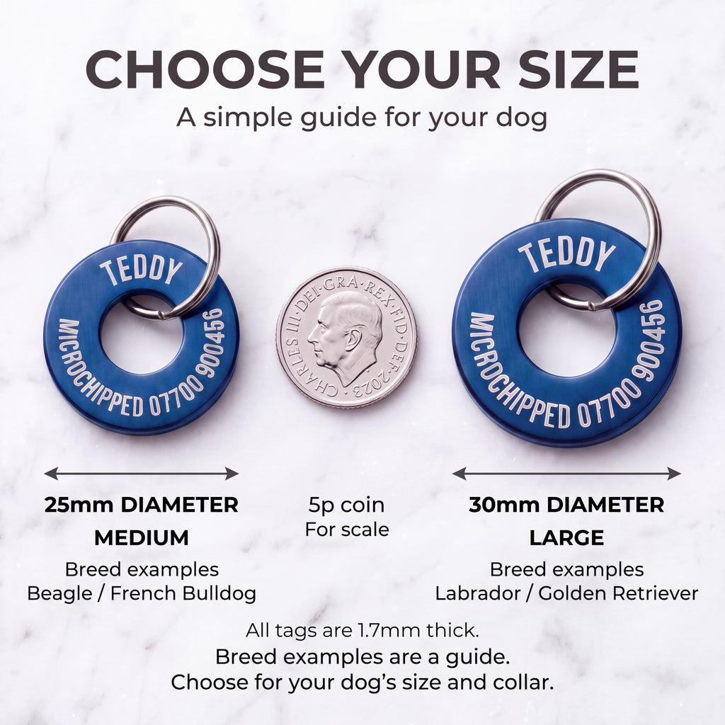 Size guide for the blue washer dog tag - 25mm medium and 30mm large, 1.7mm thick