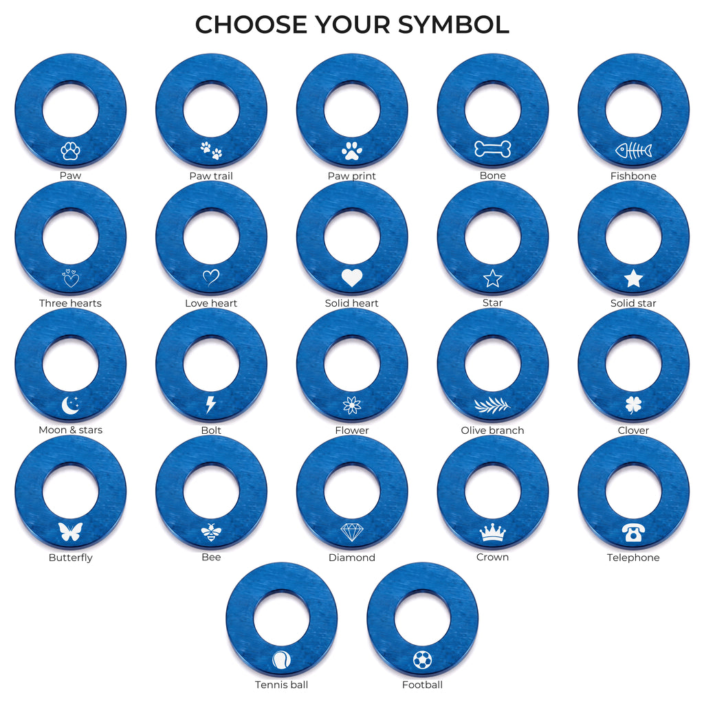 The 22 symbols available on the blue washer dog tag
