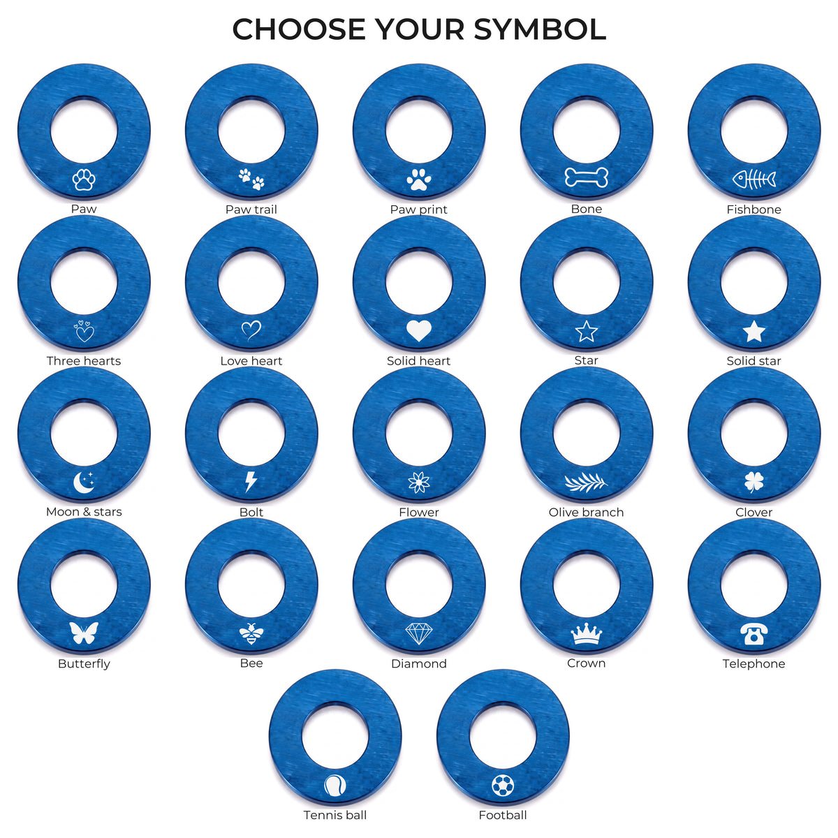 The 22 symbols available on the blue washer dog tag