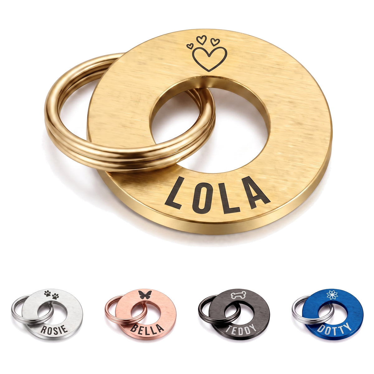 Personalised gold washer dog tag engraved with a name and symbol, split ring fitted