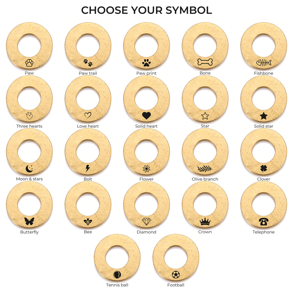 The 22 symbols available on the gold washer dog tag