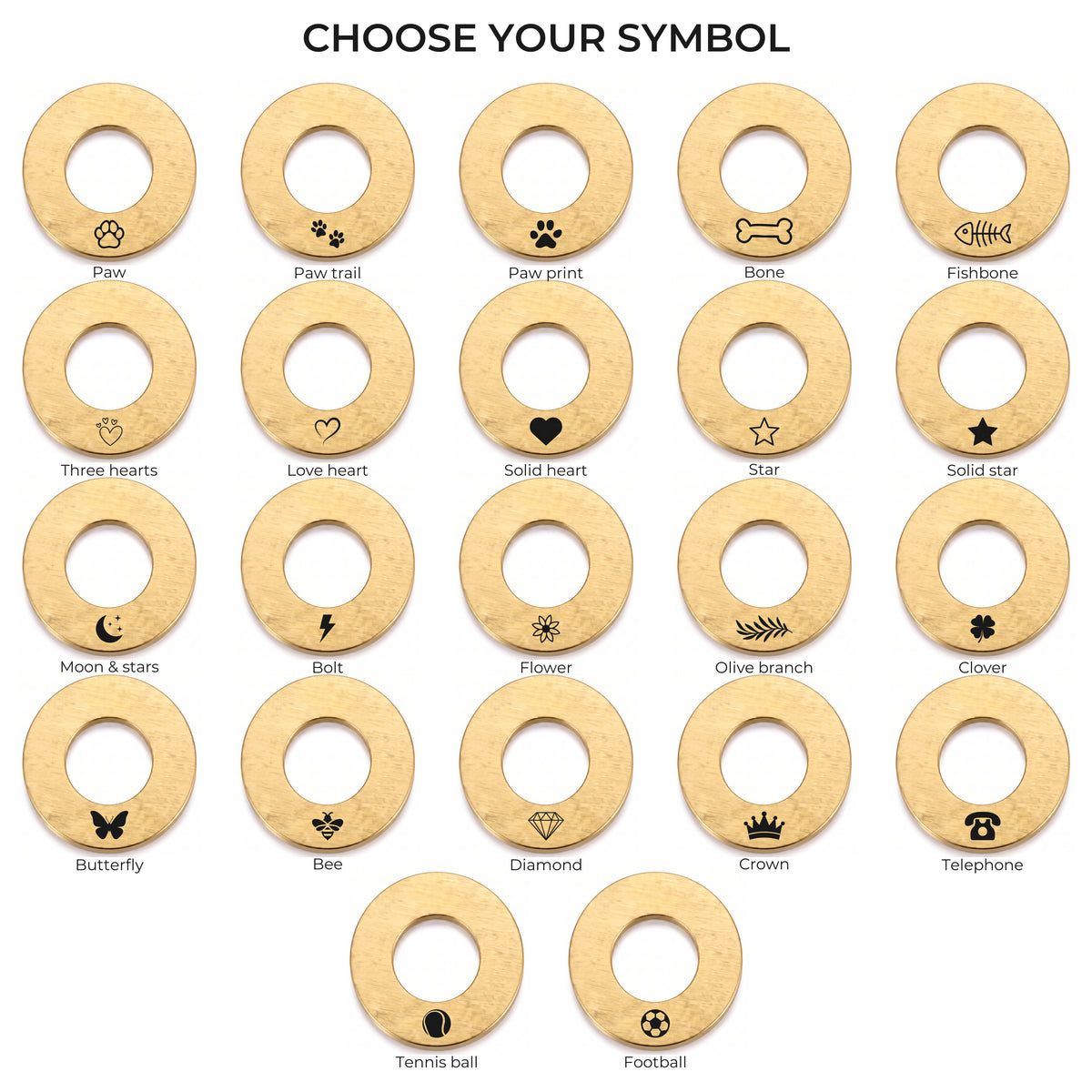 The 22 symbols available on the gold washer dog tag