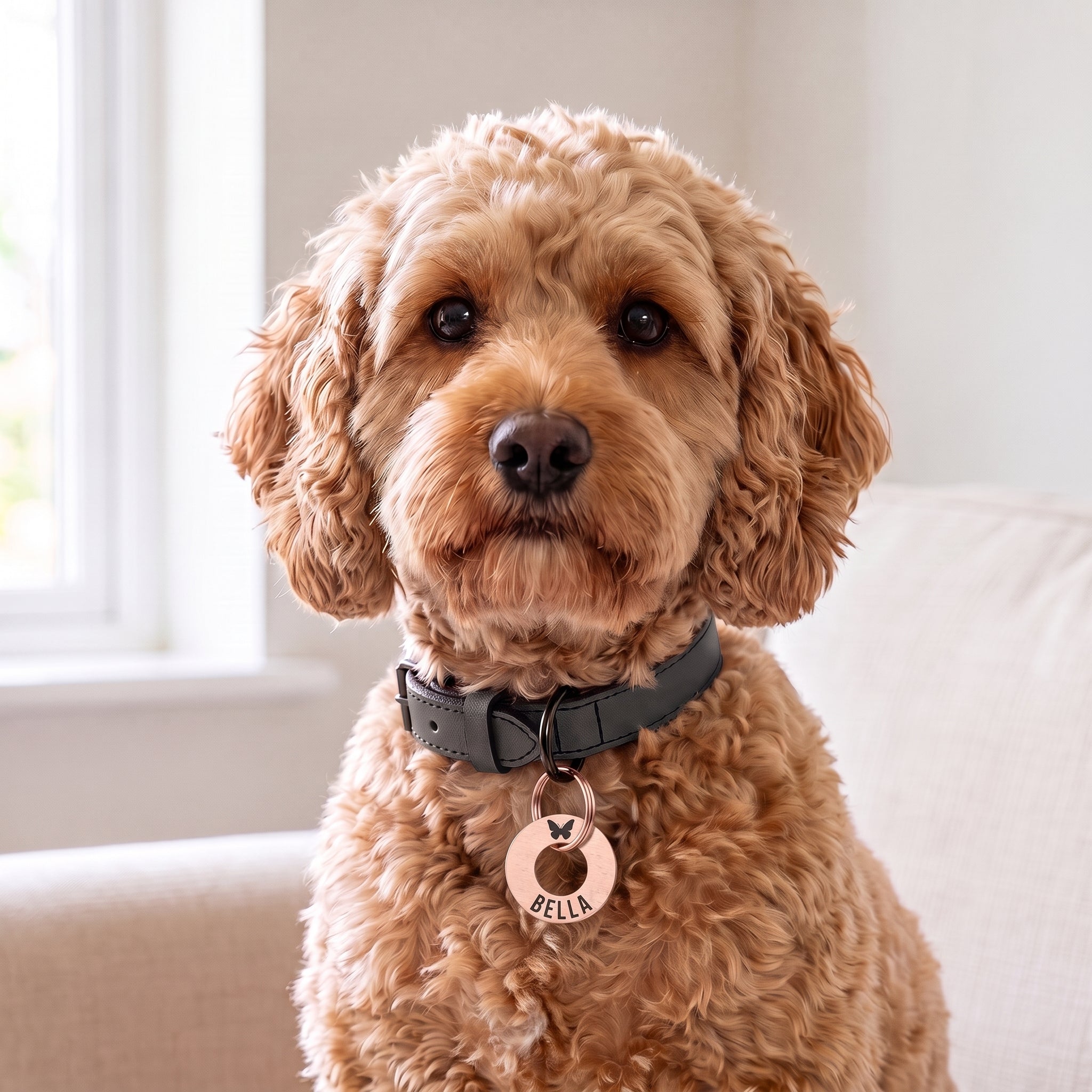 Rose gold washer dog tag on a leather collar worn by a cockapoo