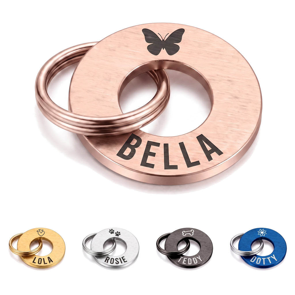 Personalised rose gold washer dog tag engraved with a name and symbol, split ring fitted