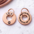 Front and back of the rose gold washer dog tag - name and symbol on the front, contact details on the back