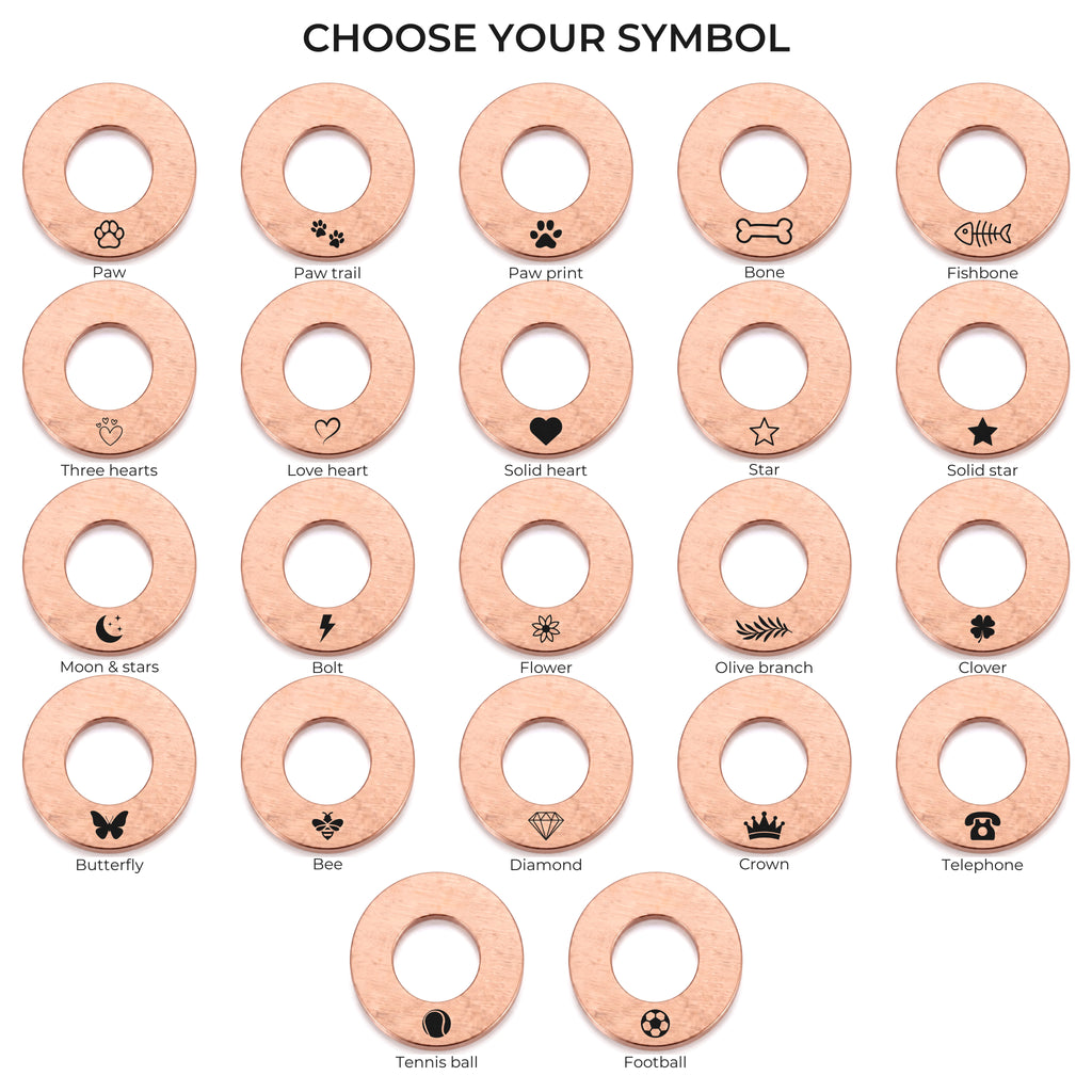 The 22 symbols available on the rose gold washer dog tag