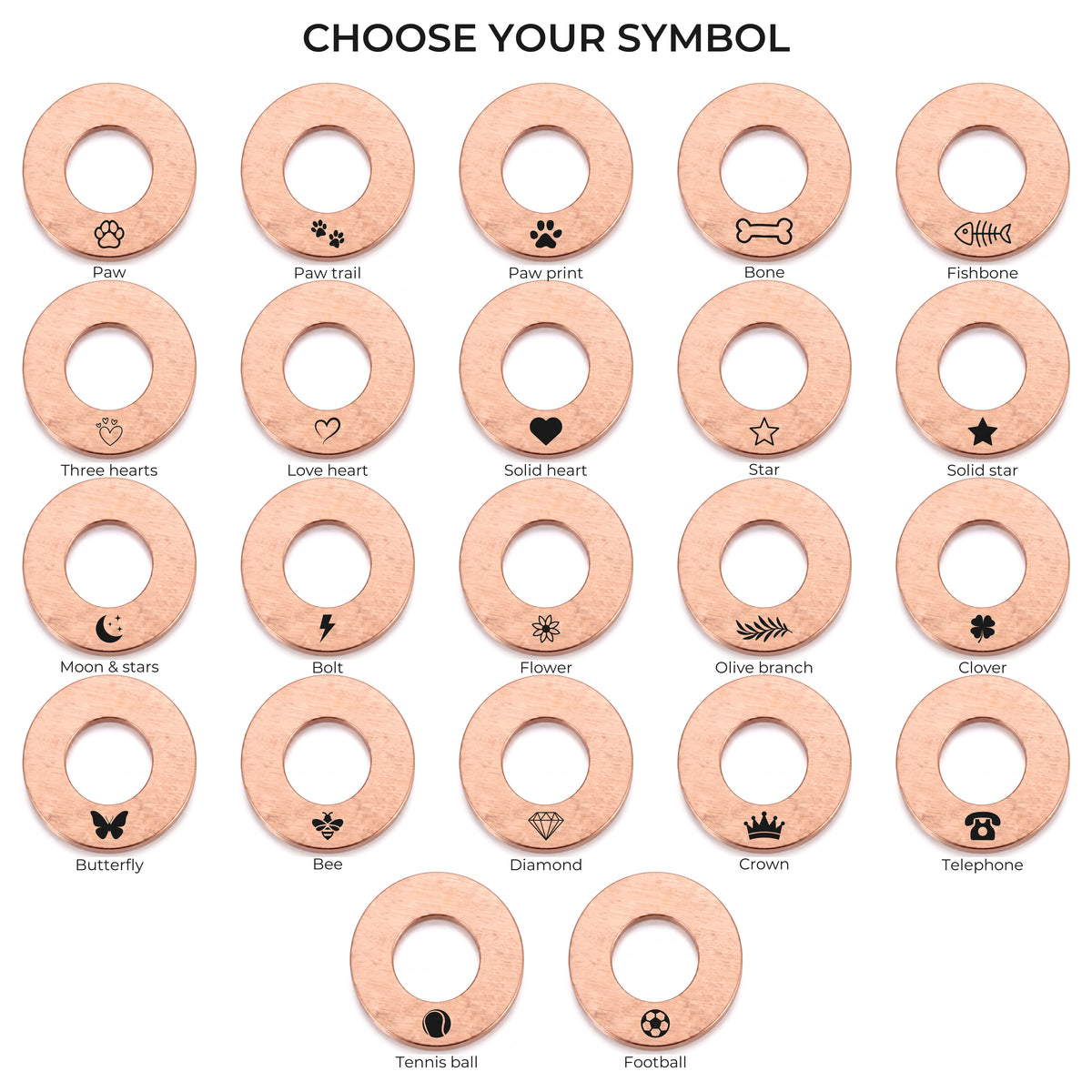 The 22 symbols available on the rose gold washer dog tag