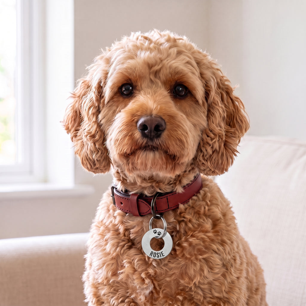 Silver washer dog tag on a leather collar worn by a cockapoo
