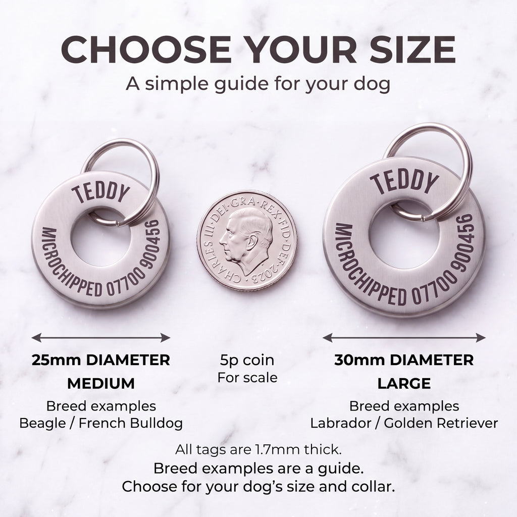 Size guide for the silver washer dog tag - 25mm medium and 30mm large, 1.7mm thick