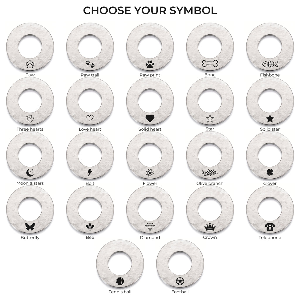 The 22 symbols available on the silver washer dog tag