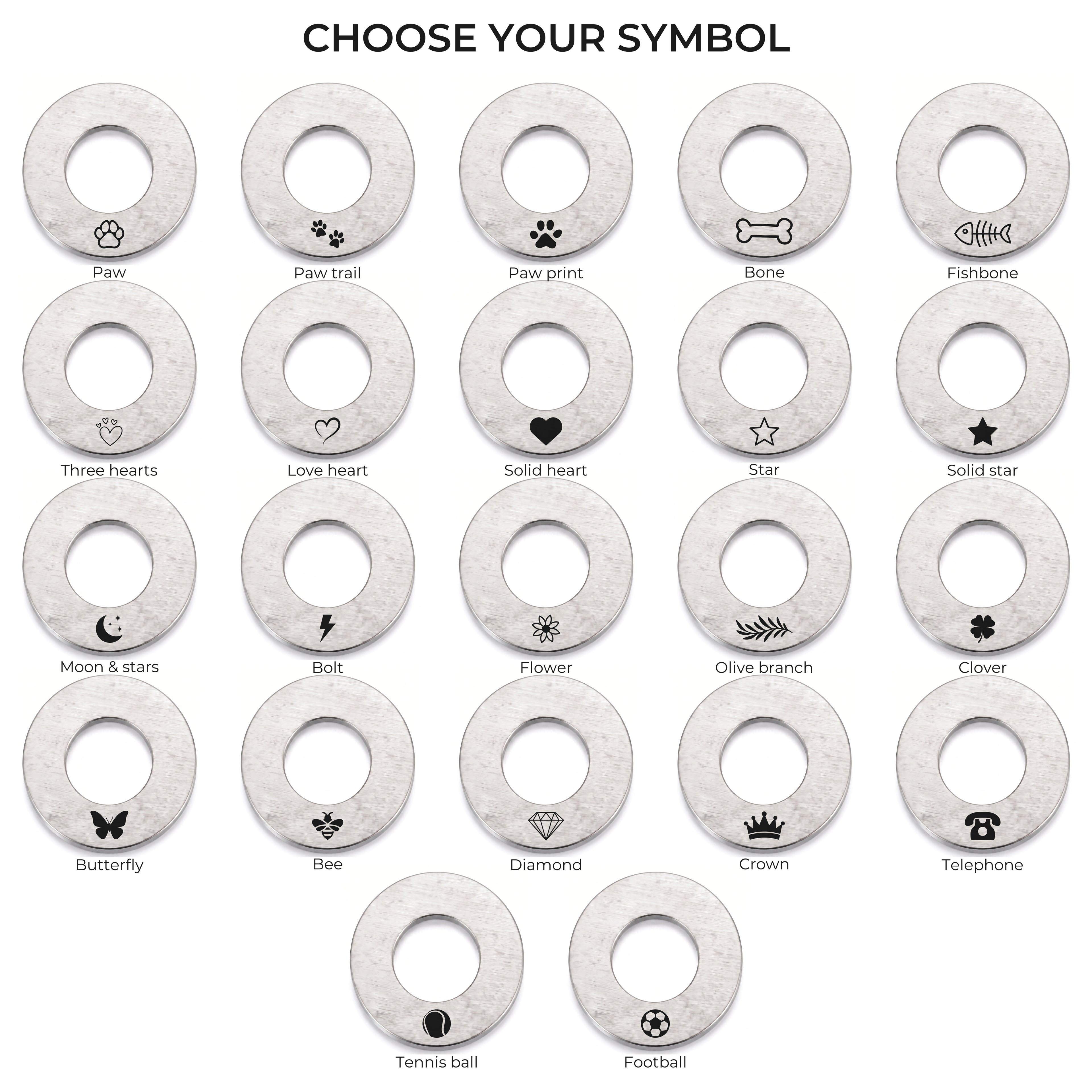 The 22 symbols available on the silver washer dog tag