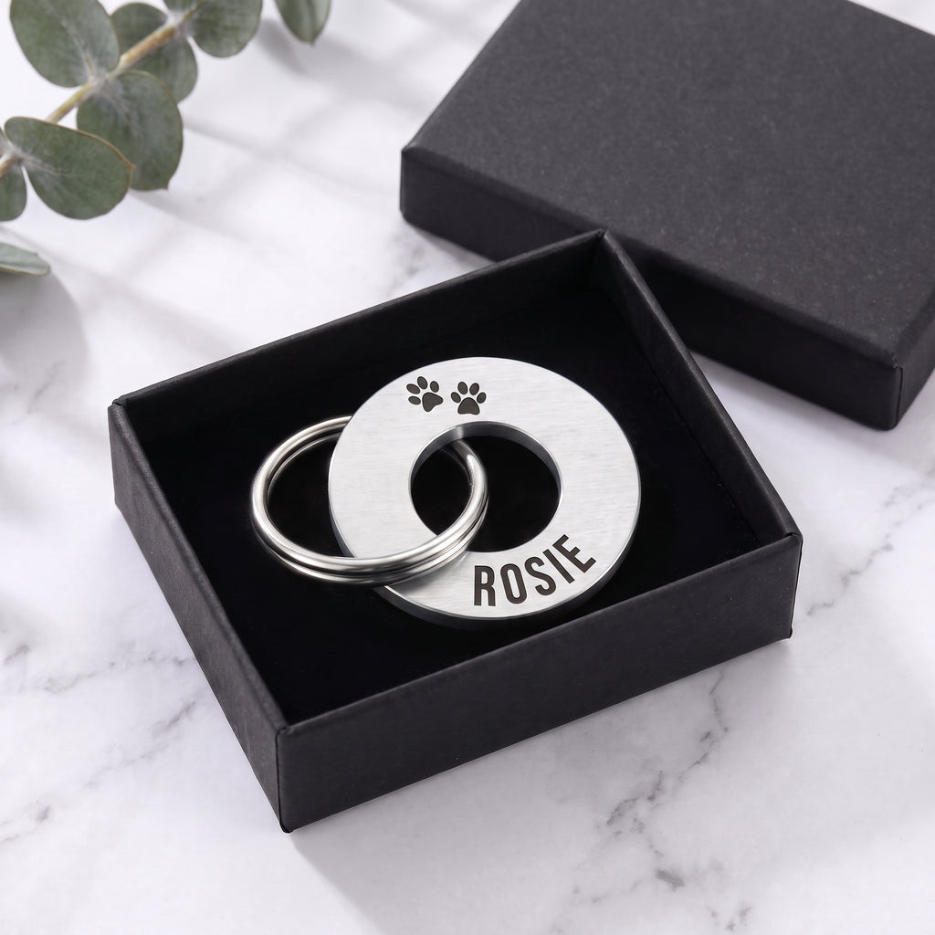 Silver washer dog tag in its matte black gift box