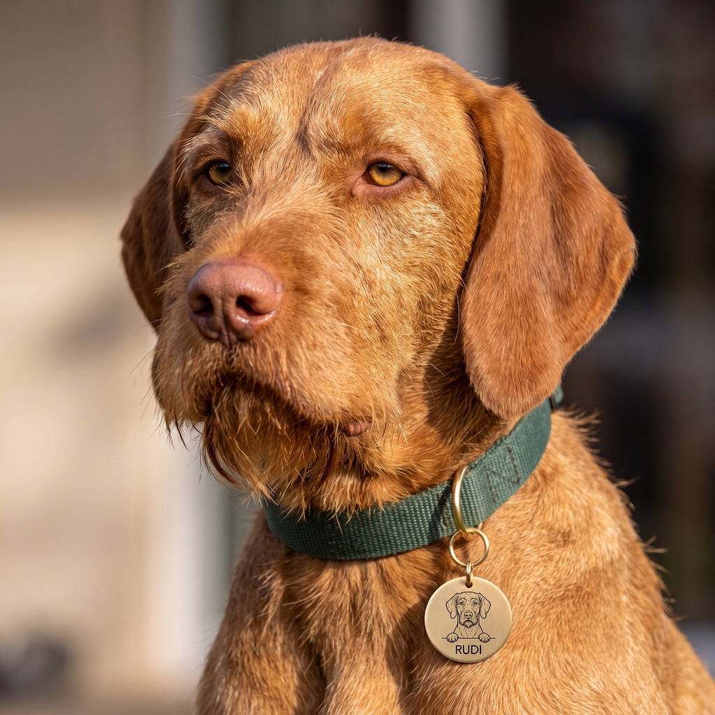 Wire Haired Vizsla wearing the personalised Wire Haired Vizsla dog tag on its collar