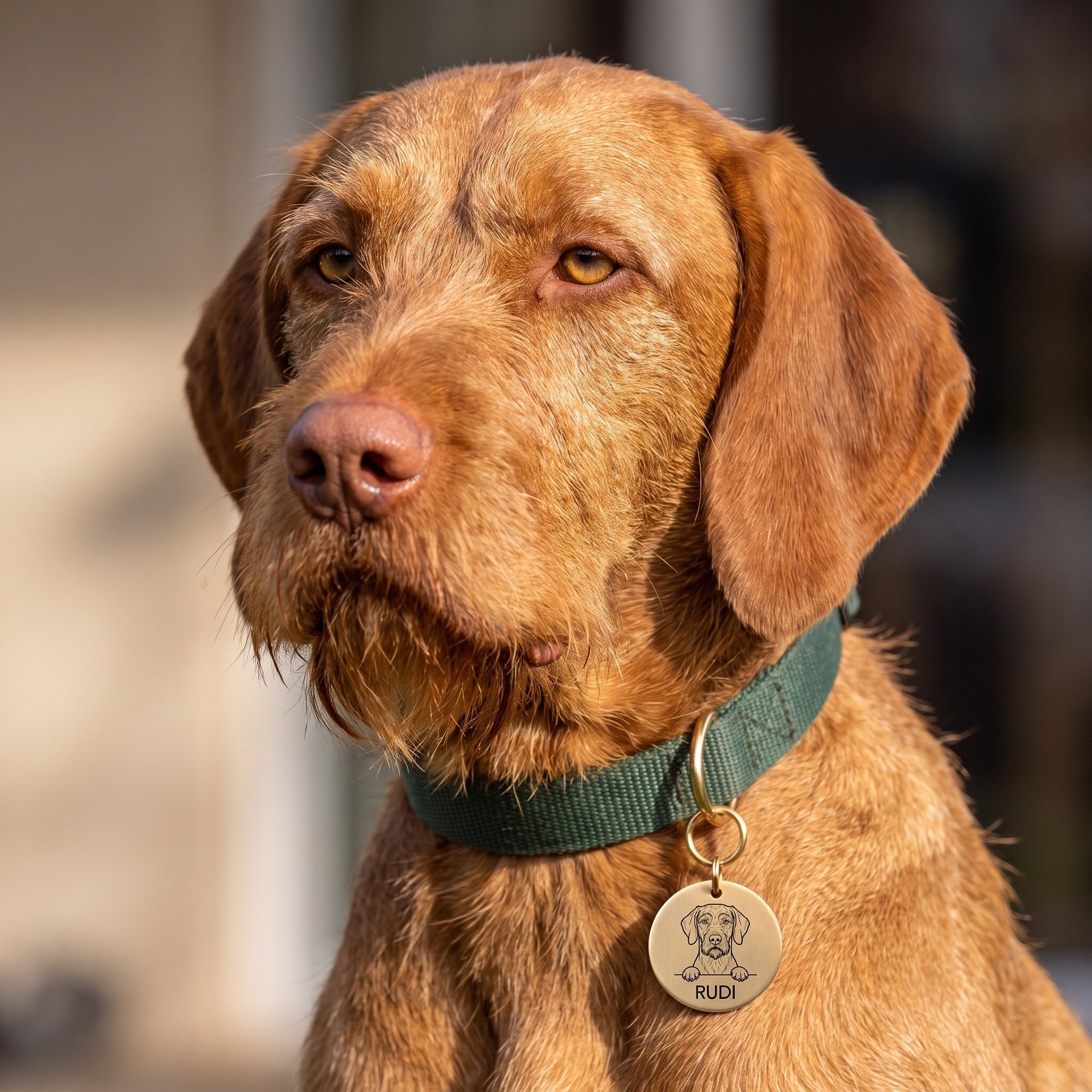 Wire Haired Vizsla wearing the personalised Wire Haired Vizsla dog tag on its collar