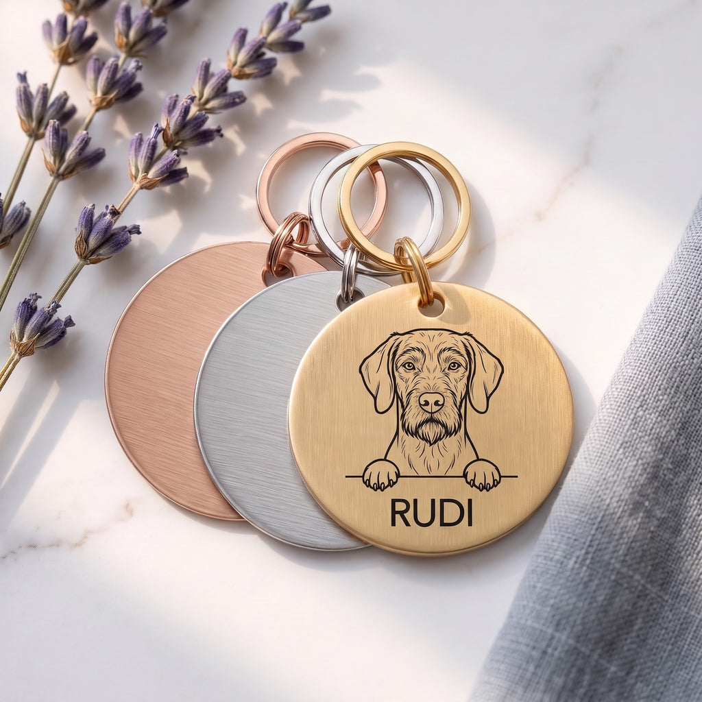 Personalised Wire Haired Vizsla dog tags in gold, silver and rose gold, fanned to show the three colours