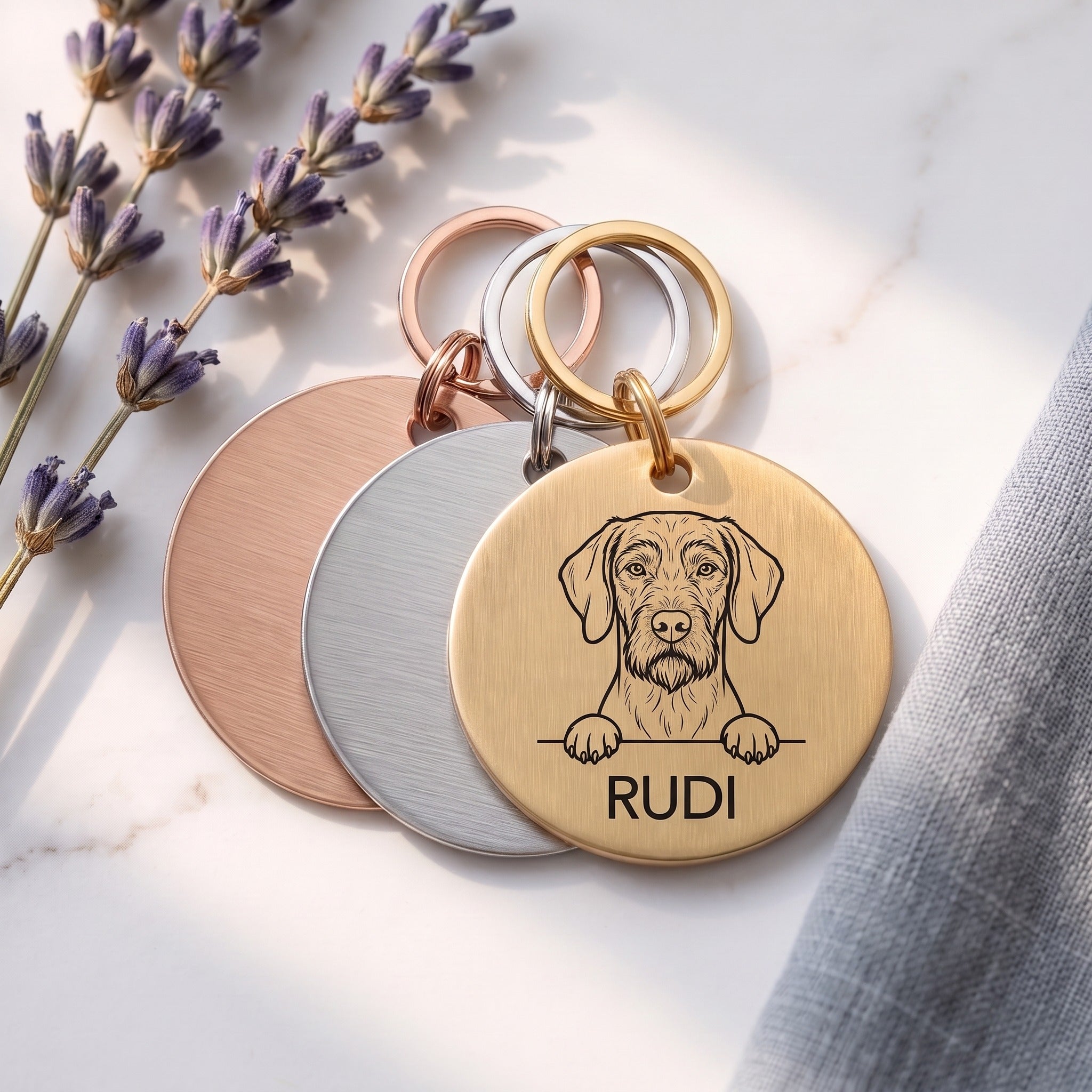Personalised Wire Haired Vizsla dog tags in gold, silver and rose gold, fanned to show the three colours